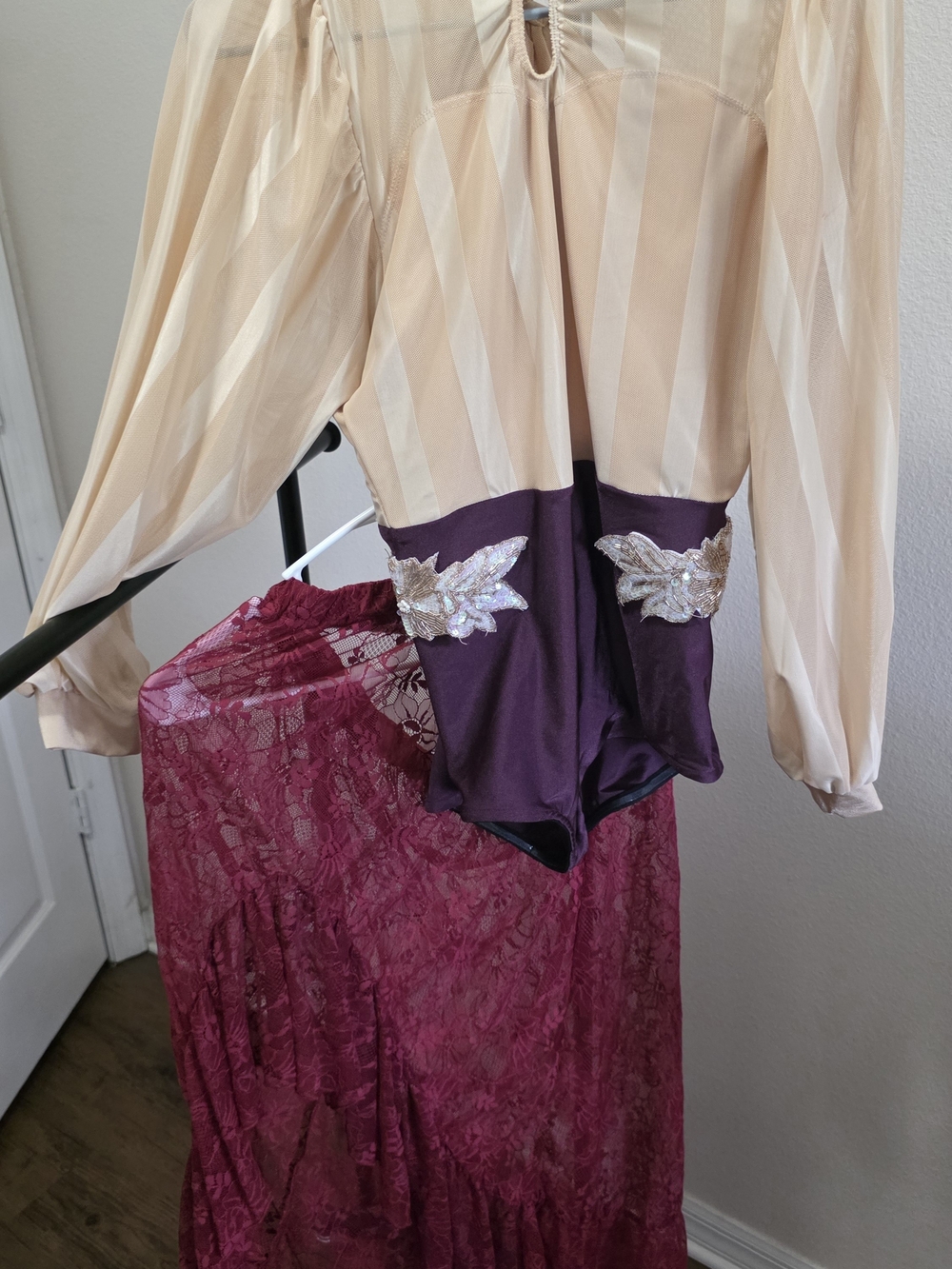 Sheer Lace Burgundy Maxi Skirt - Beige And Dark Purple Leo Dance Costume